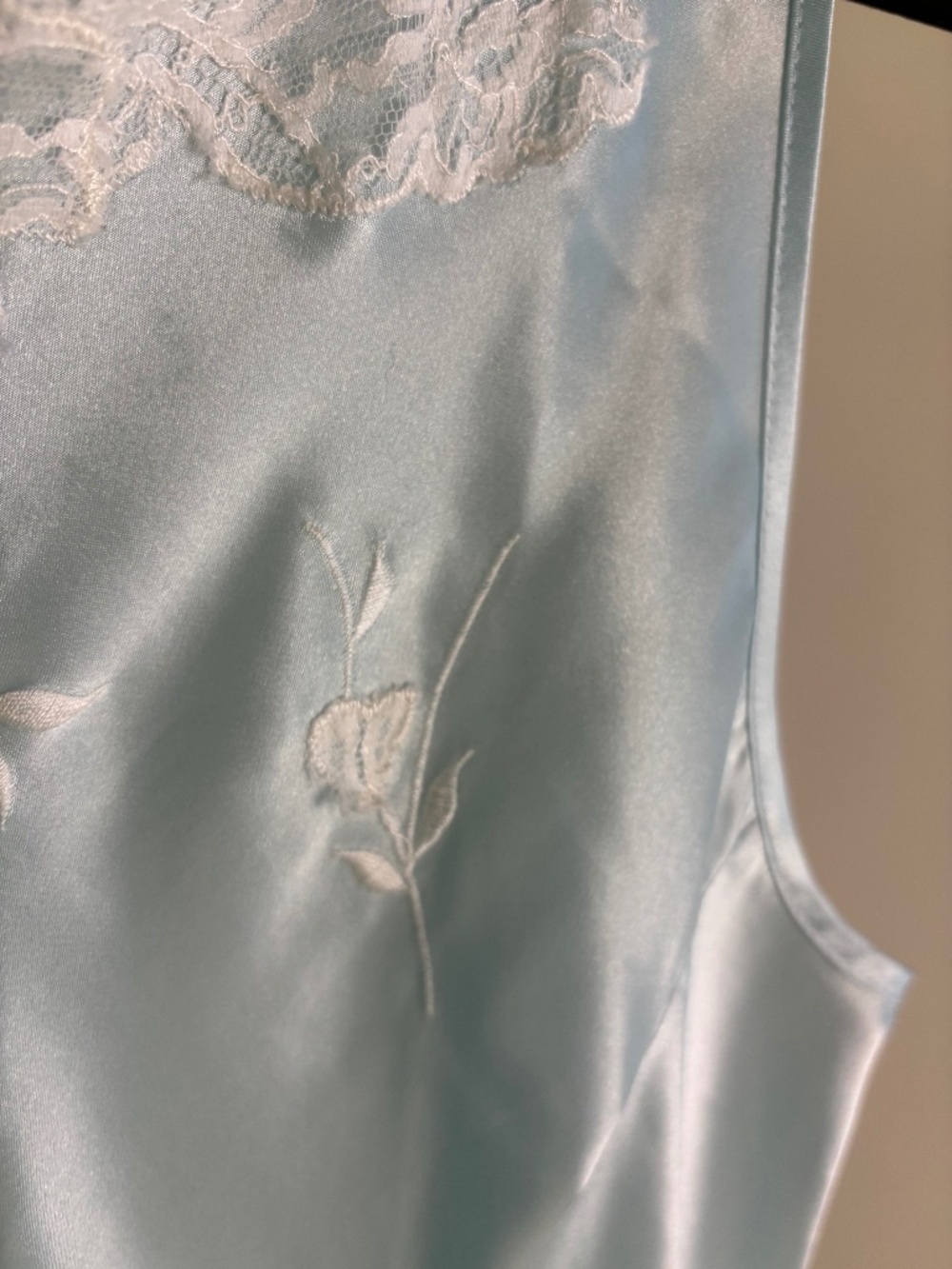 Natori Light Blue Satin Lace Embroidered Nightgown Dress | Medium - Picture 3 of 8